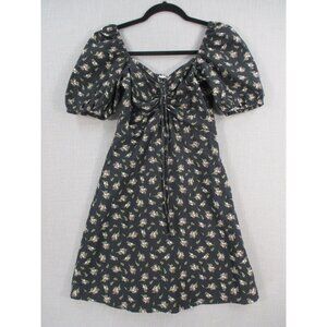 Floral Puff Sleeve Dress Ruched Front Black Linen Blend XS H&M